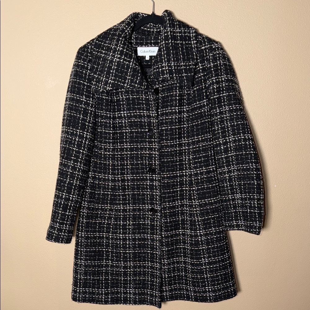 Calvin Klein Women’s Black White Tweed Wool Blend Pea Coat Oversized Collar SZ L